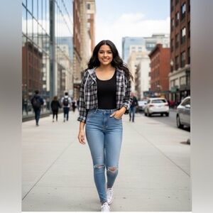 SHEIN Black and Gray Plaid Hoodie Top